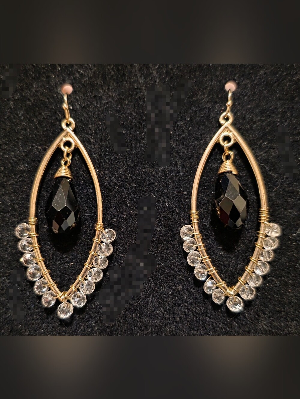 Teardrop Earrings w/Black Faceted Drops and Clear Accents